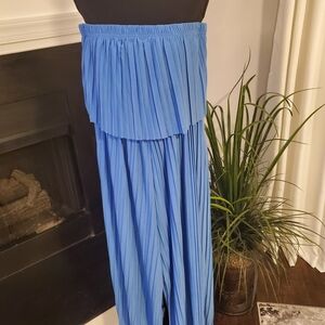Blue Pleated Strapless Jumpsuit